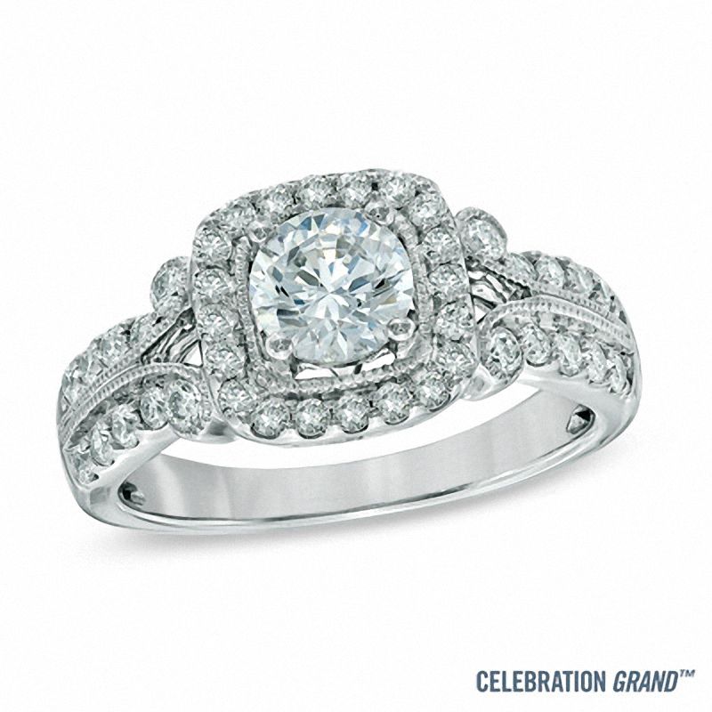 Main Image 1 of Celebration Ideal 1-1/4 CT. T.W. Diamond Frame Vintage-Style Engagement Ring in 14K White Gold (I/I1)