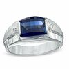 Thumbnail Image 0 of Men's Barrel-Cut Lab-Created Blue Sapphire and Diamond Accent Ring in Sterling Silver