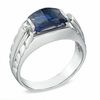 Thumbnail Image 1 of Men's Barrel-Cut Lab-Created Blue Sapphire and Diamond Accent Ring in Sterling Silver