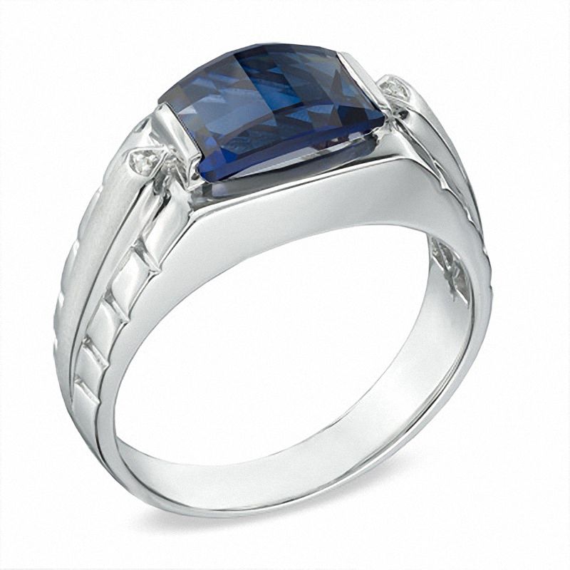 Men's Barrel-Cut Lab-Created Blue Sapphire and Diamond Accent Ring in Sterling Silver