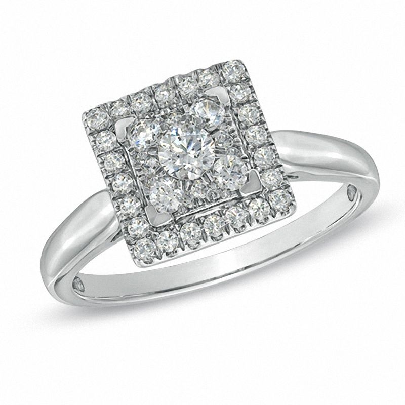 1/2 CT. T.W. Diamond Cluster Square Frame Engagement Ring in 14K White Gold