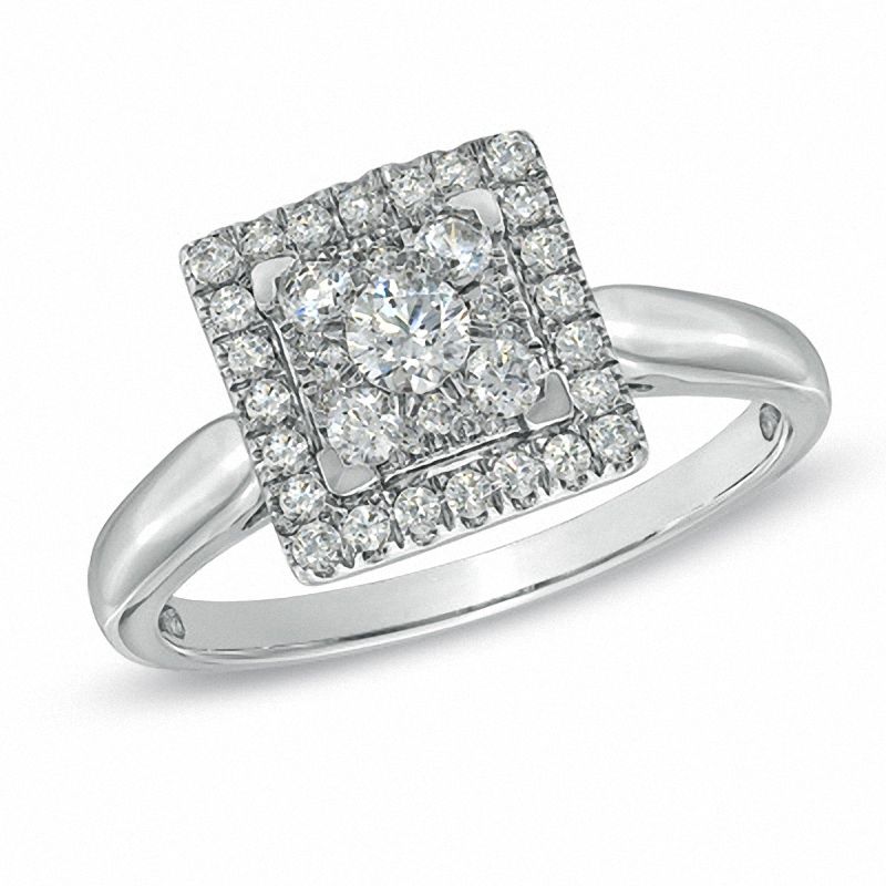 Main Image 1 of 1/2 CT. T.W. Diamond Cluster Square Frame Engagement Ring in 14K White Gold