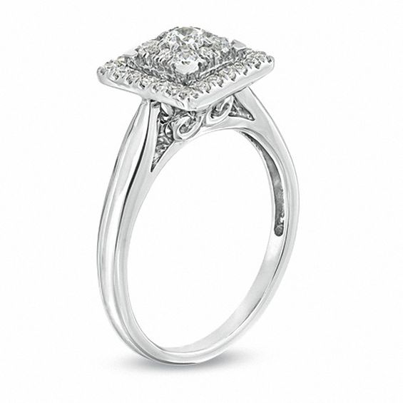 1/2 CT. T.w. Diamond Cluster Square Frame Engagement Ring in 14K White Gold