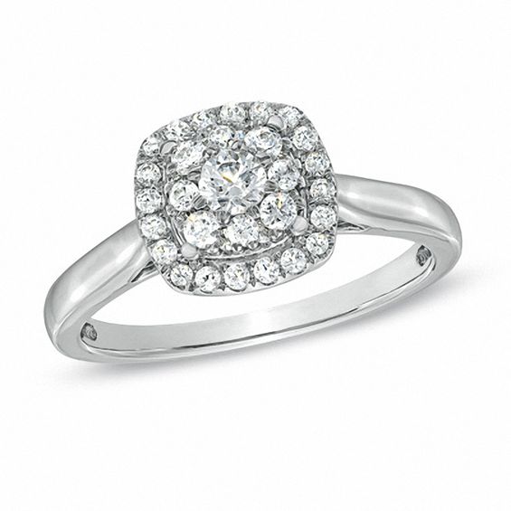 1/2 CT. T.w. Diamond Cluster Cushion Frame Engagement Ring in 14K White Gold