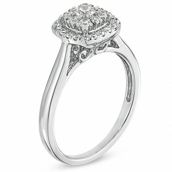 1/2 CT. T.w. Diamond Cluster Cushion Frame Engagement Ring in 14K White Gold