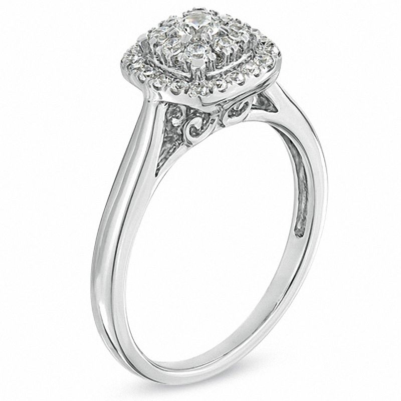 Main Image 2 of 1/2 CT. T.W. Diamond Cluster Cushion Frame Engagement Ring in 14K White Gold