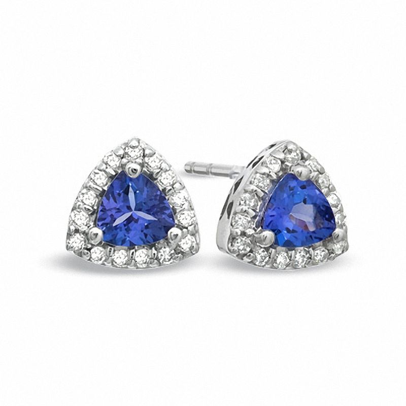Main Image 1 of Trillion-Cut Tanzanite and 1/5 CT. T.W. Diamond Earrings in 10K White Gold