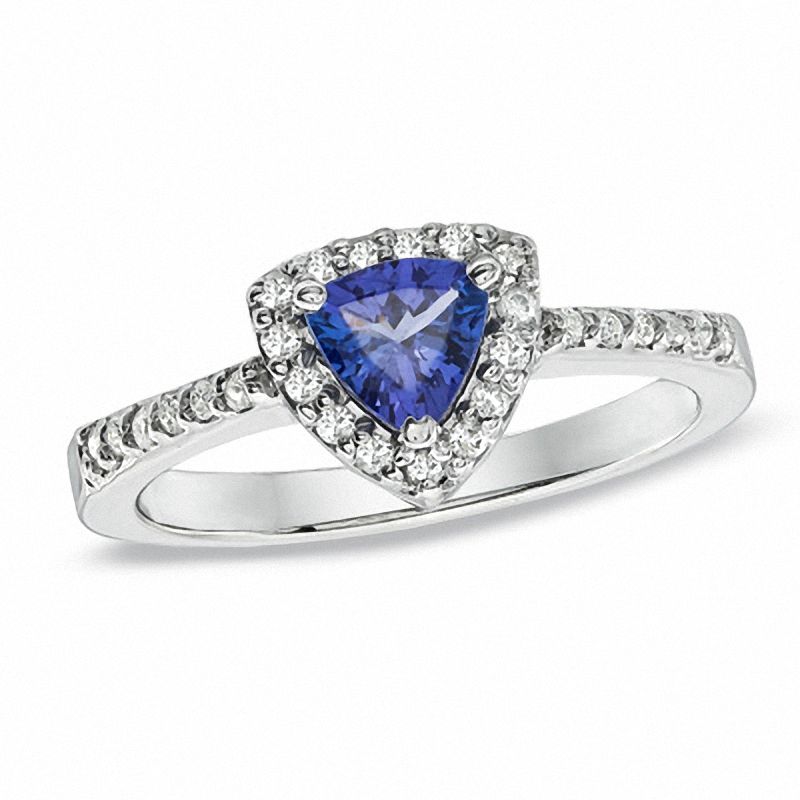 Main Image 1 of Trillion-Cut Tanzanite and 1/5 CT. T.W. Diamond Ring in 10K White Gold