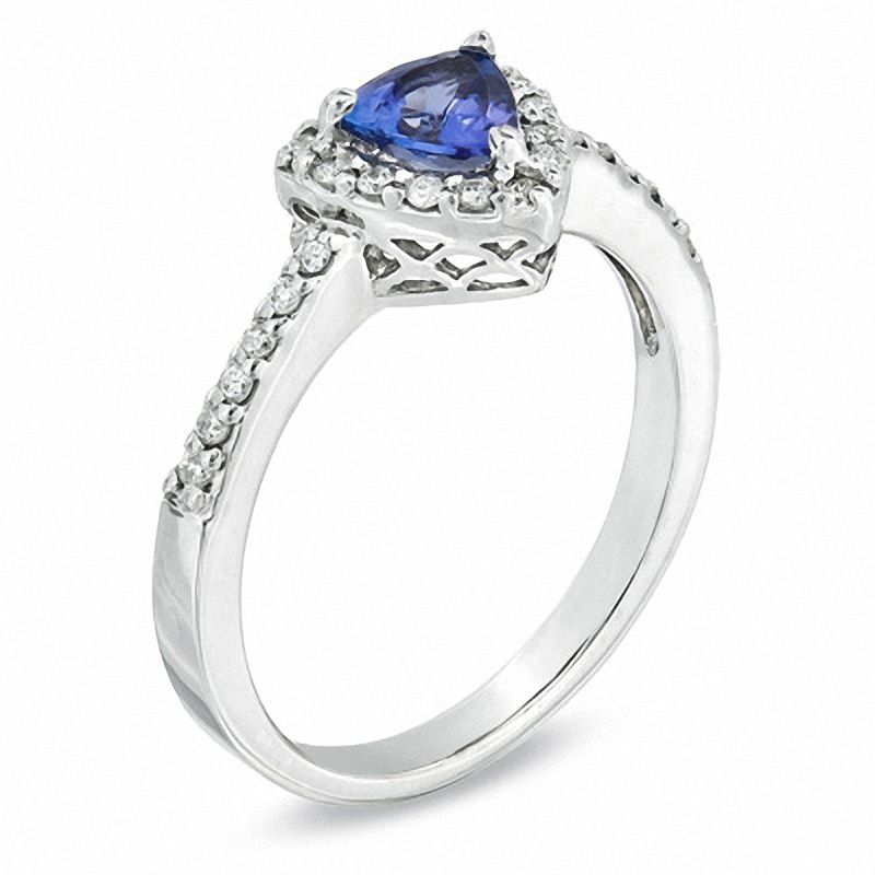 Main Image 2 of Trillion-Cut Tanzanite and 1/5 CT. T.W. Diamond Ring in 10K White Gold