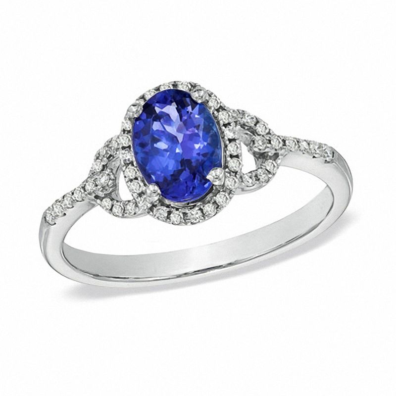 Main Image 1 of Oval Tanzanite and 1/6 CT. T.W. Diamond Buckle Ring in 10K White Gold