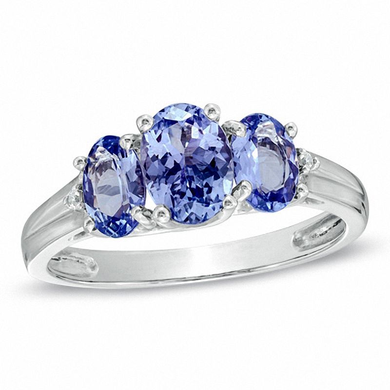 Main Image 1 of Oval Tanzanite and Diamond Accent Three Stone Ring in 10K White Gold