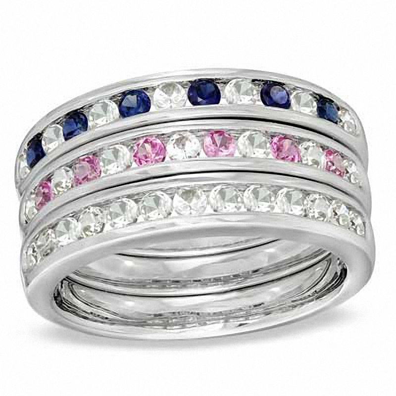 Main Image 1 of Lab-Created Pink, Blue and White Sapphire Ring Set in Sterling Silver