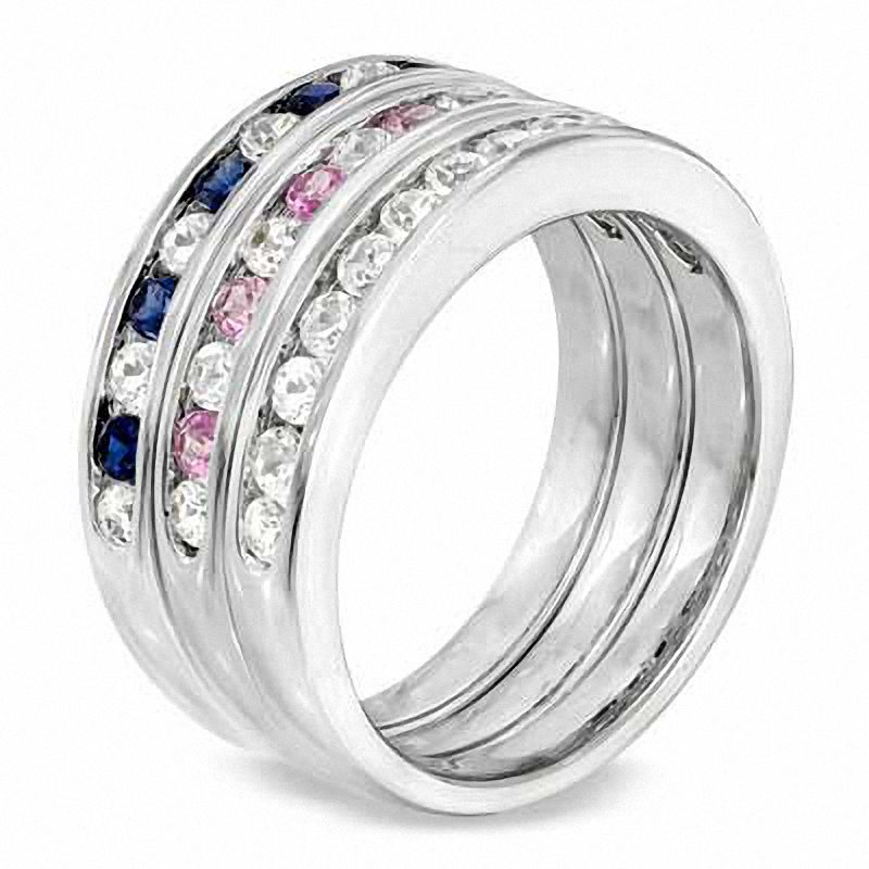 Main Image 2 of Lab-Created Pink, Blue and White Sapphire Ring Set in Sterling Silver