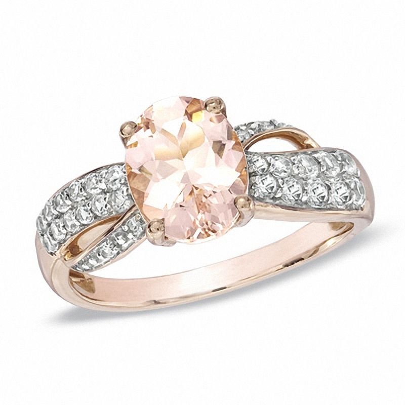 Main Image 1 of Oval Morganite and Lab-Created White Sapphire Ribbon Ring in 10K Rose Gold