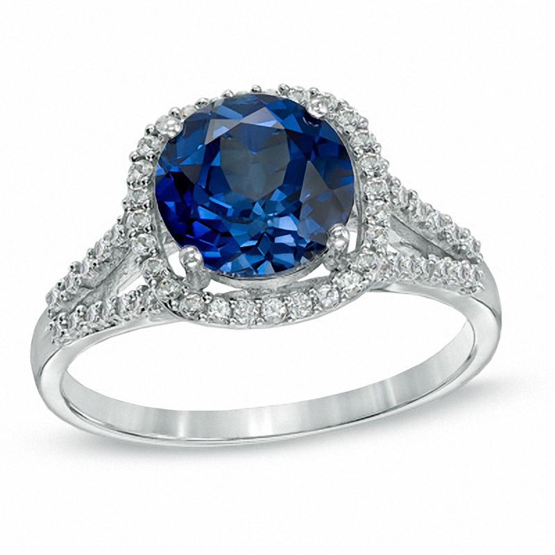Main Image 1 of Lab-Created Ceylon and White Sapphire Ring in 10K White Gold