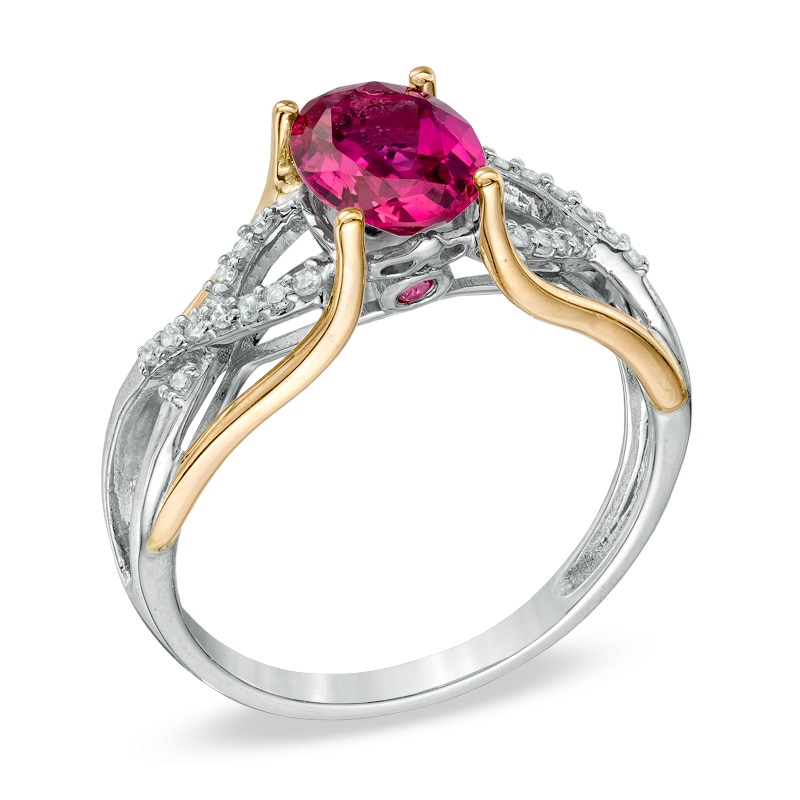 Oval Lab-Created Ruby and Diamond Accent Ring in 10K Two-Tone Gold