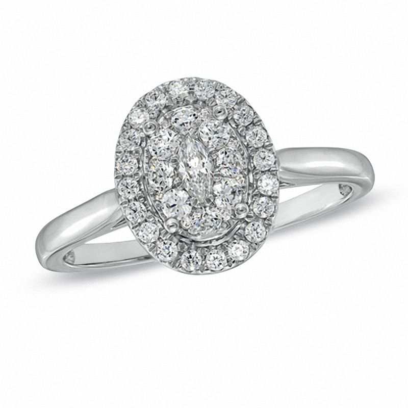 Main Image 1 of 1/2 CT. T.W. Diamond Cluster Oval Frame Engagement Ring in 14K White Gold