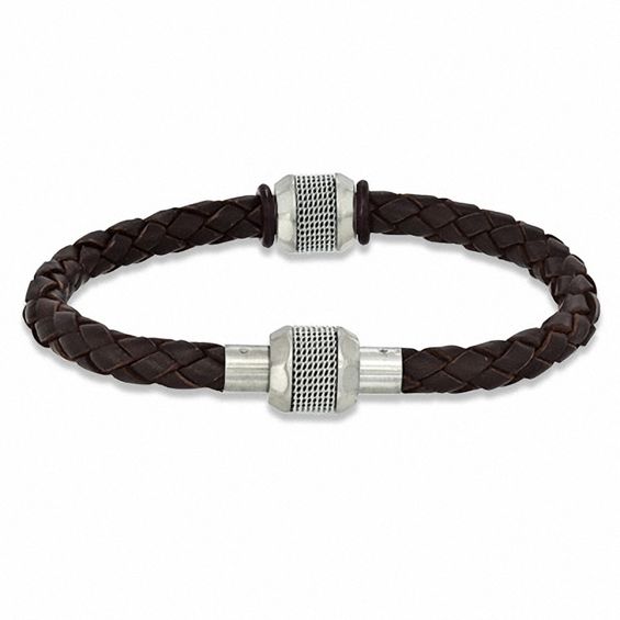 Brown Braided Leather and Stainless Steel Bead Bracelet - 8.75"