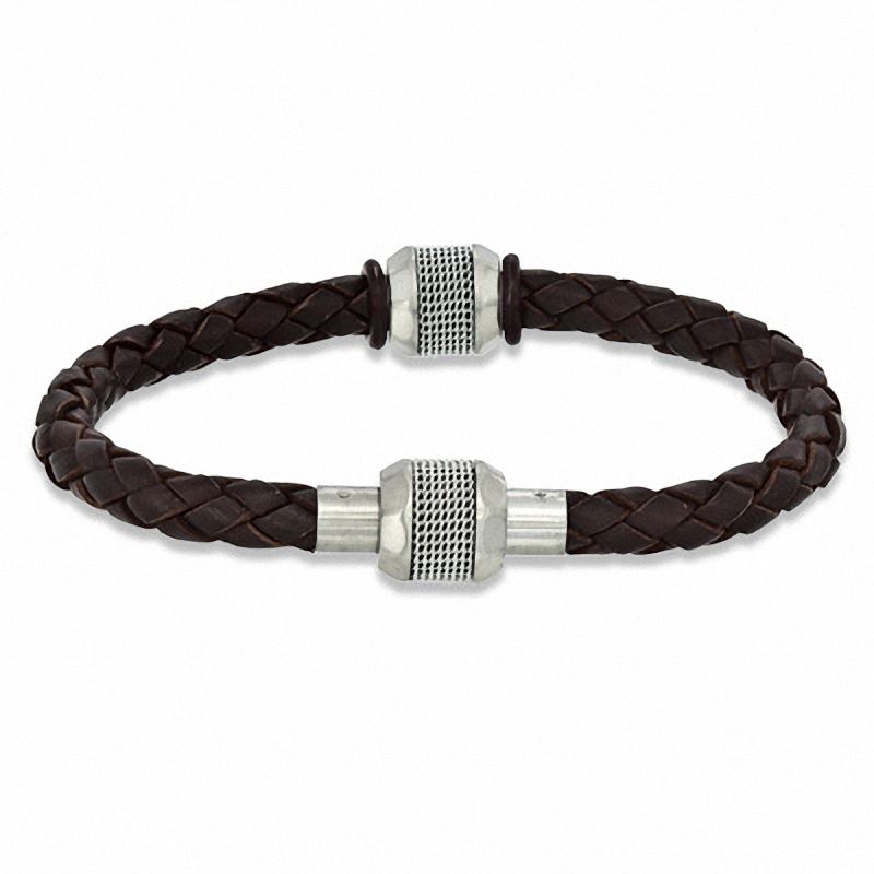 Main Image 1 of Brown Braided Leather and Stainless Steel Bead Bracelet - 8.75"