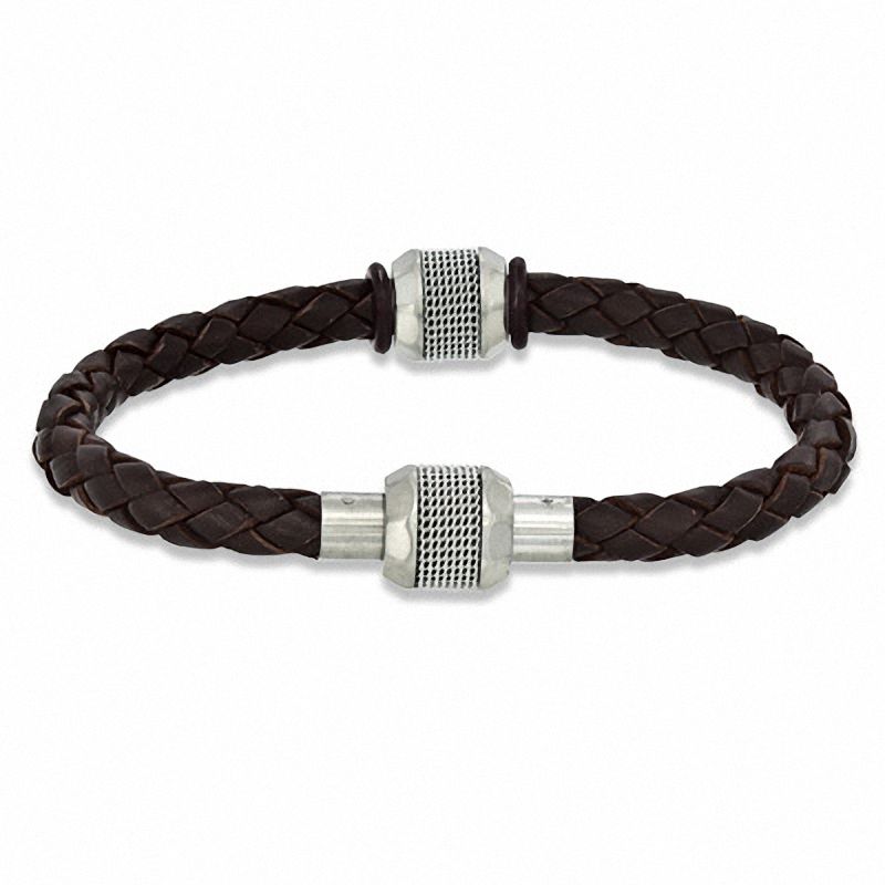 Men's Brown Braided Leather and Stainless Steel Bead Bracelet - 8.75"