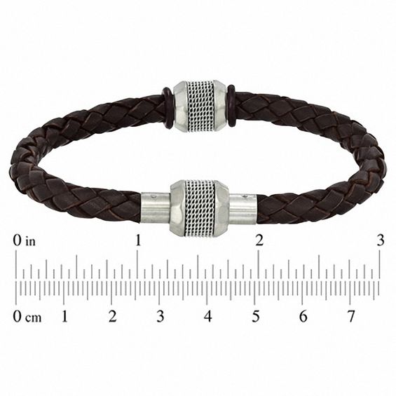 Brown Braided Leather and Stainless Steel Bead Bracelet - 8.75"