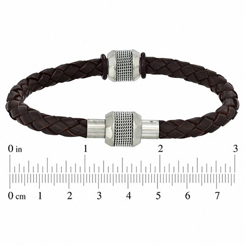Main Image 2 of Brown Braided Leather and Stainless Steel Bead Bracelet - 8.75"