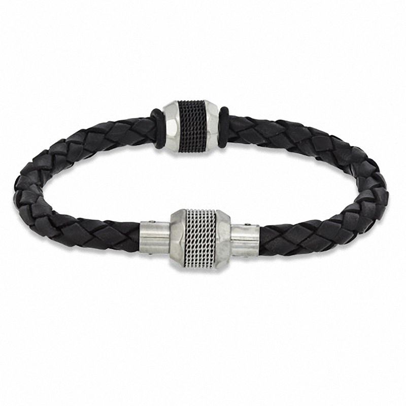 Main Image 1 of Black Braided Leather and Stainless Steel Bead Bracelet - 8.75"