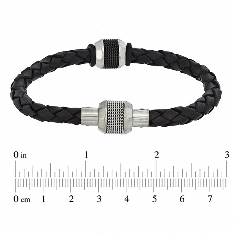 Main Image 2 of Black Braided Leather and Stainless Steel Bead Bracelet - 8.75"