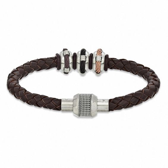 Brown Braided Leather and Stainless Steel Bead Bracelet - 8.75"