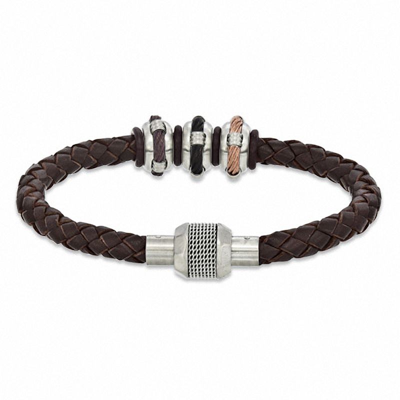 Main Image 1 of Brown Braided Leather and Stainless Steel Bead Bracelet - 8.75"
