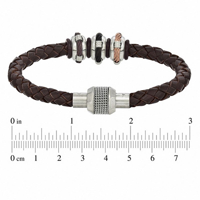 Main Image 2 of Brown Braided Leather and Stainless Steel Bead Bracelet - 8.75"