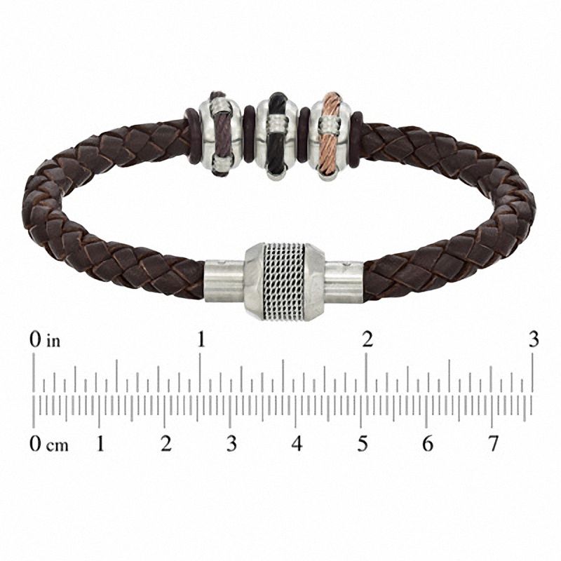 Men's Brown Braided Leather and Stainless Steel Bead Bracelet - 8.75"