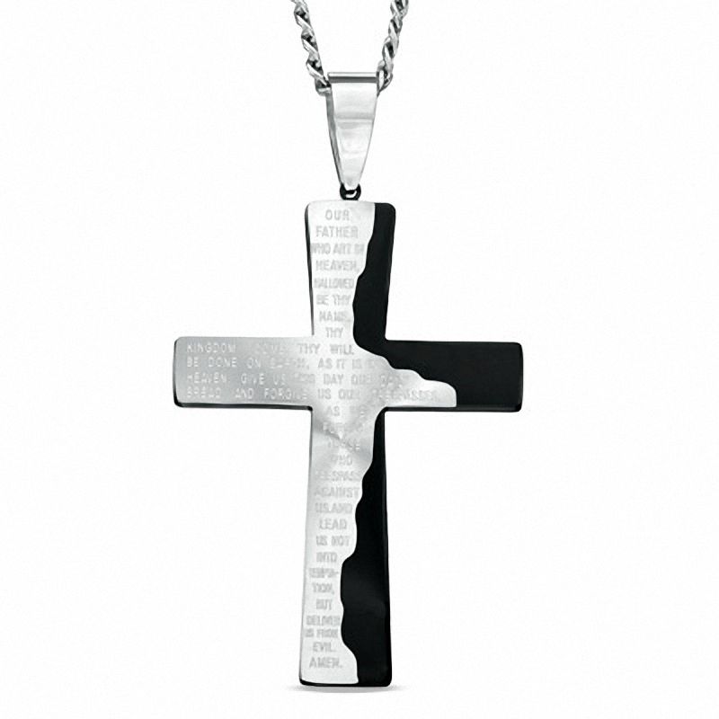 Main Image 1 of Men's Lord's Prayer Tablet Cross Pendant in Two-Tone Stainless Steel - 24"