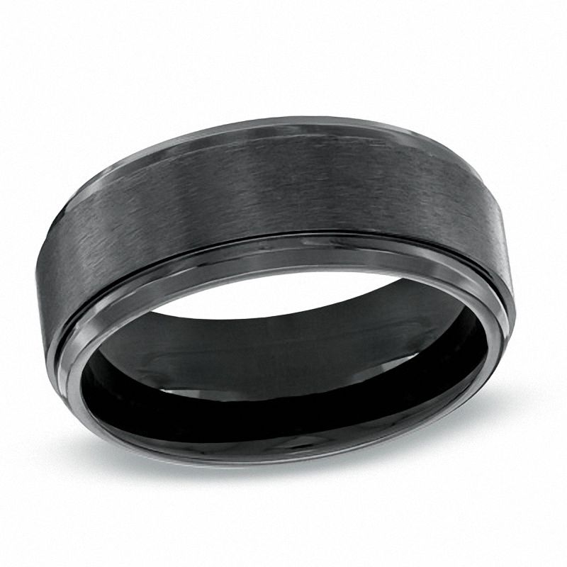 Men's 9.0mm Satin Beveled Edge Comfort Fit Wedding Band in Black Titanium - Size 10