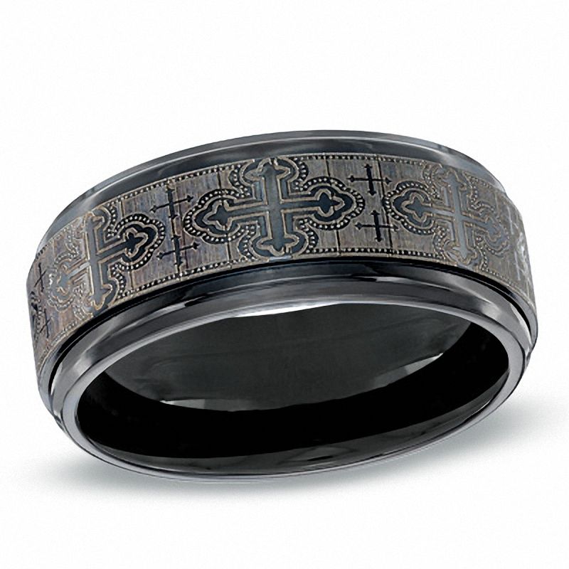 Men's 9.0mm Black Titanium Comfort Fit Cross Wedding Band - Size 10