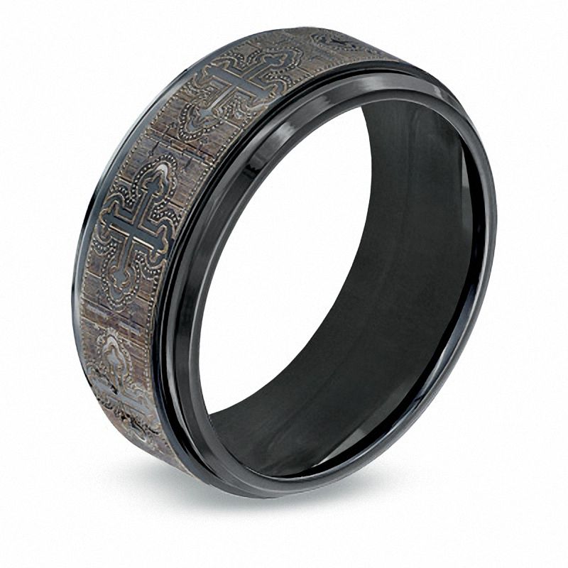 Men's 9.0mm Black Titanium Comfort Fit Cross Wedding Band - Size 10