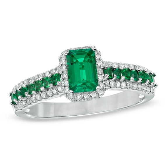 Emerald-Cut Lab-Created Emerald and 1/5 CT. T.w. Diamond Ring in 10K White Gold