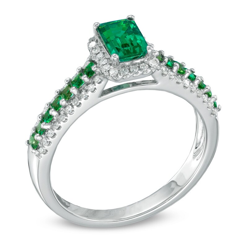 Main Image 2 of Emerald-Cut Lab-Created Emerald and 1/5 CT. T.W. Diamond Ring in 10K White Gold