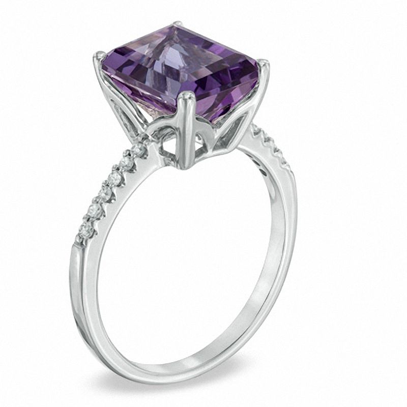 Emerald-Cut Amethyst and 1/10 CT. T.W. Diamond Ring in 10K White Gold