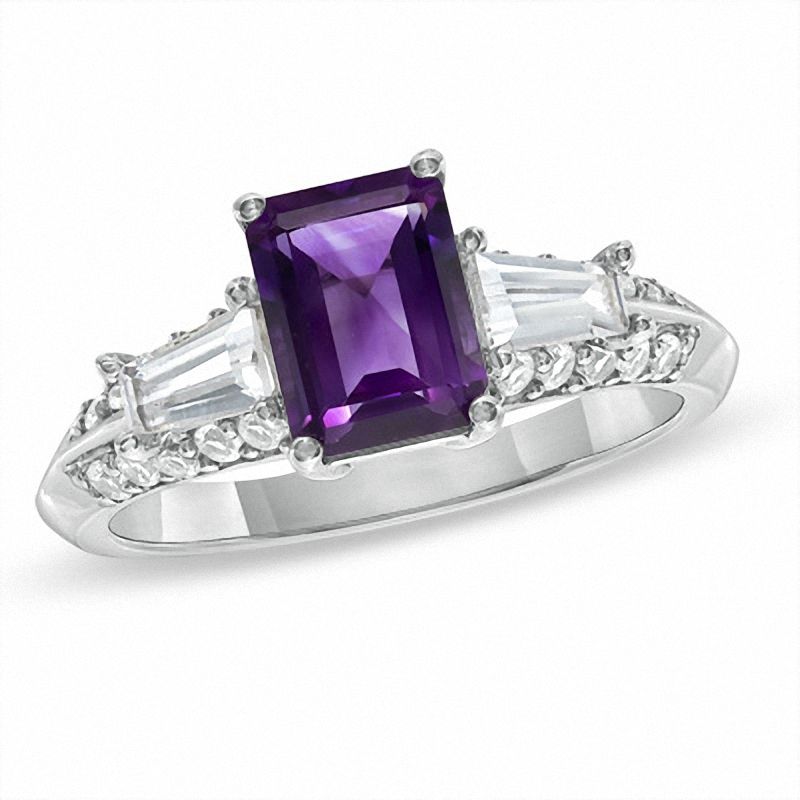 Main Image 1 of Emerald-Cut Amethyst and Lab-Created White Sapphire Ring in 10K White Gold