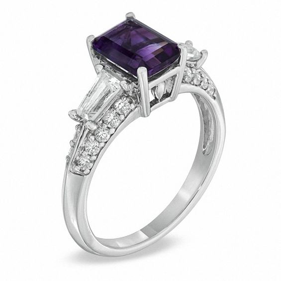 Emerald-Cut Amethyst and Lab-Created White Sapphire Ring in 10K White Gold