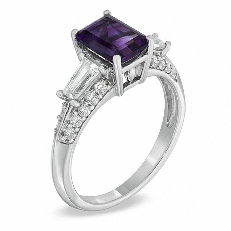 Main Image 2 of Emerald-Cut Amethyst and Lab-Created White Sapphire Ring in 10K White Gold