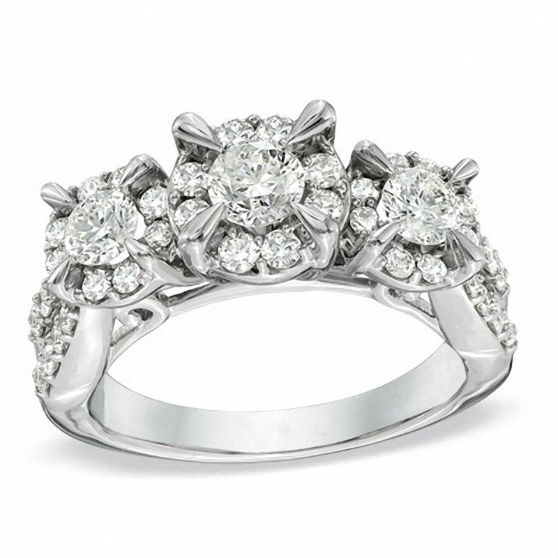 Main Image 1 of 1-1/2 CT. T.W. Diamond Three Stone Split Shank Engagement Ring in 14K White Gold