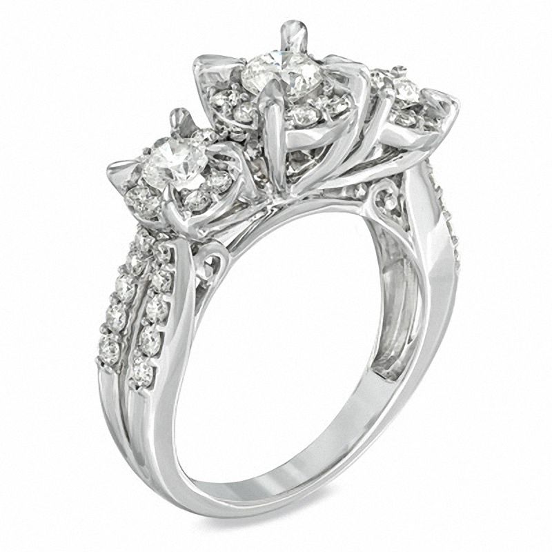 Main Image 2 of 1-1/2 CT. T.W. Diamond Three Stone Split Shank Engagement Ring in 14K White Gold