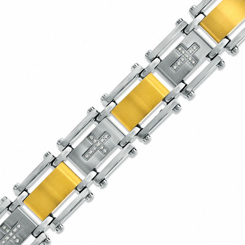 Main Image 1 of 1/4 CT. T.W. Diamond Cross Bracelet in Two-Tone Stainless Steel - 8.5"