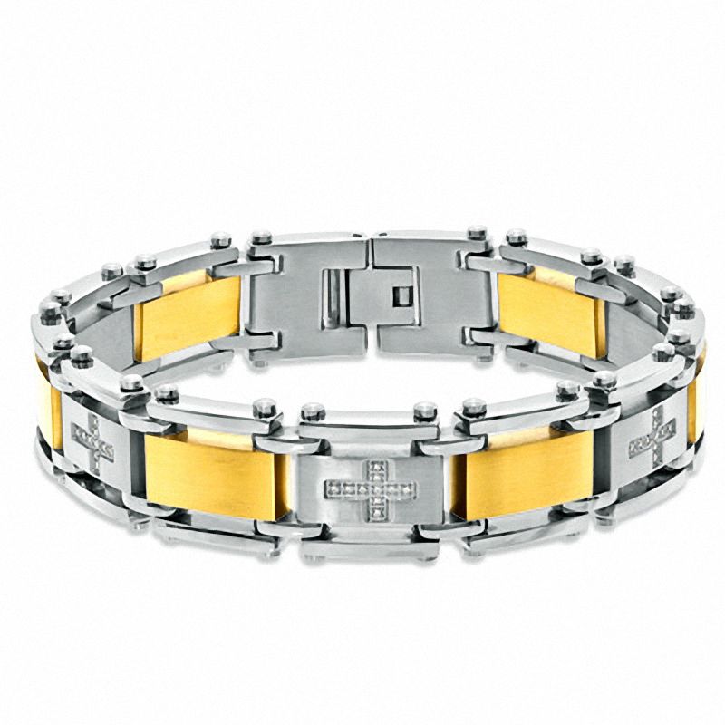 Main Image 2 of 1/4 CT. T.W. Diamond Cross Bracelet in Two-Tone Stainless Steel - 8.5"