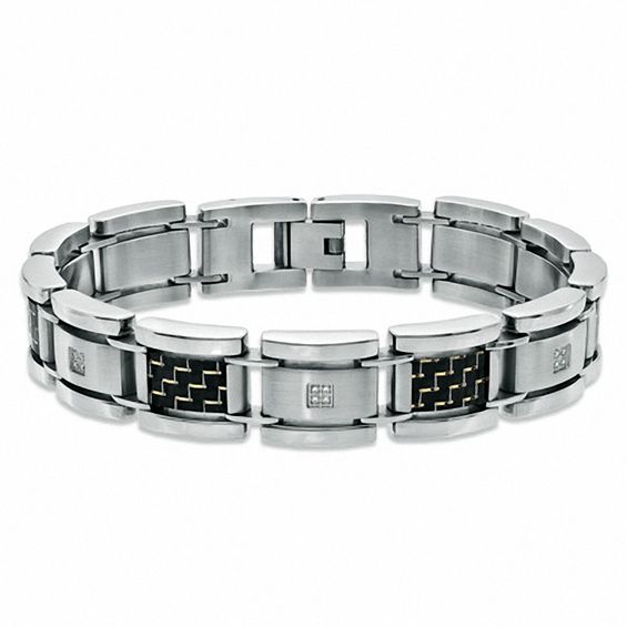 1/10 CT. T.w. Diamond and Carbon Fiber Link Bracelet in Stainless Steel - 8.5"
