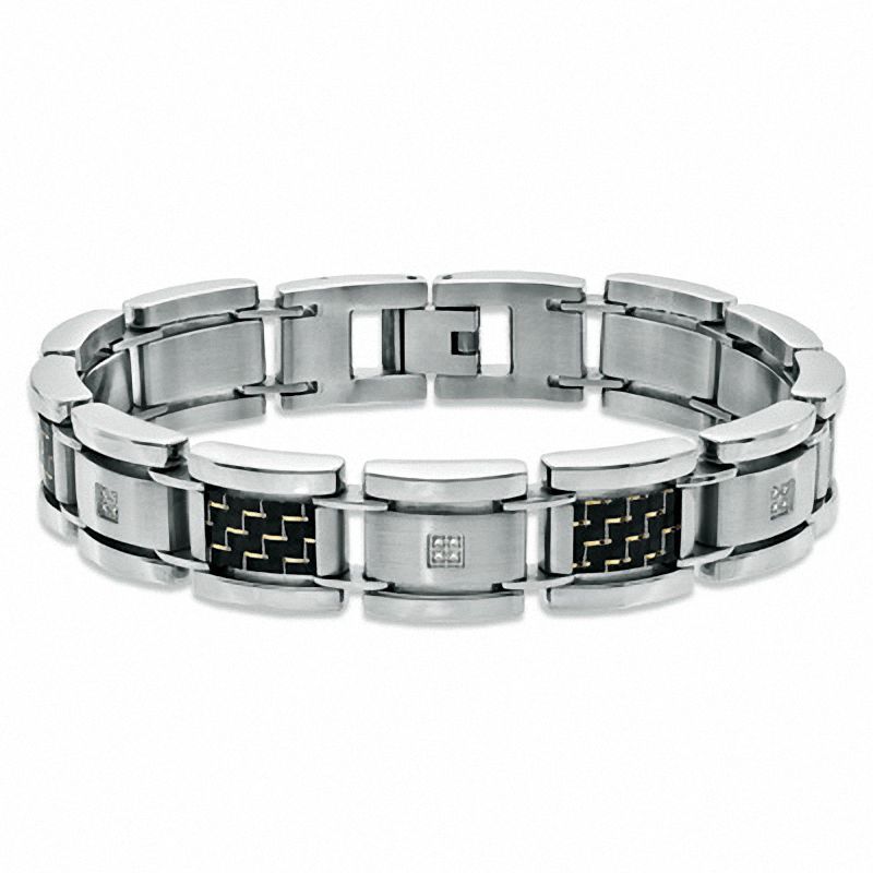 Main Image 2 of 1/10 CT. T.W. Diamond and Carbon Fiber Link Bracelet in Stainless Steel - 8.5"