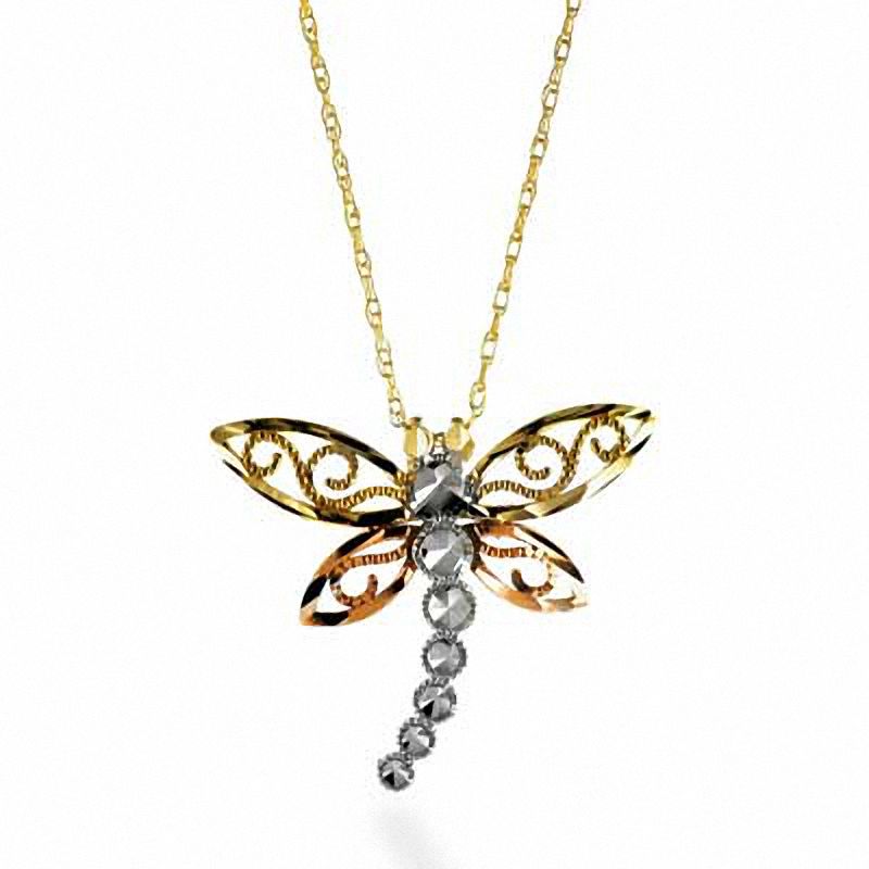 Diamond-Cut Beaded Filigree Dragonfly Pendant in 10K Tri-Tone Gold