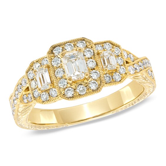 1 CT. T.w. Certified Emerald-Cut Diamond Three Stone Vintage-Style Ring in 14K Gold (I/I1)